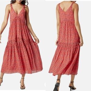 New JOIE Tea Rose Midi Sun Dress Tiered Red Orange Pink V-Neck Maxi